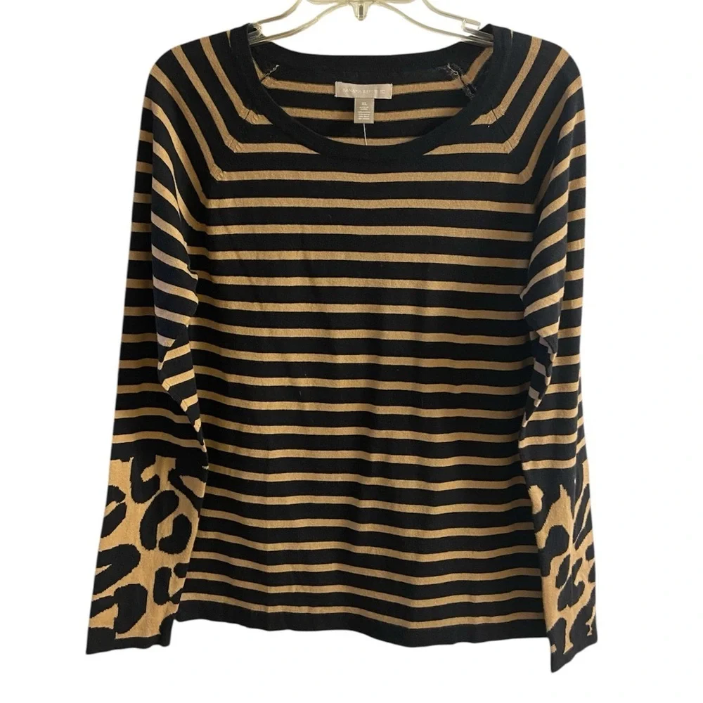 Banana Republic sweater striped animal print crewneck tan black XL New